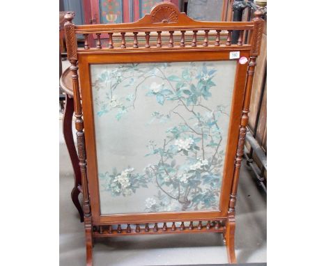 Victorian mahogany framed rectangular fire screen with arch spindle gallery top flanked by turned and fluted foliate carved s