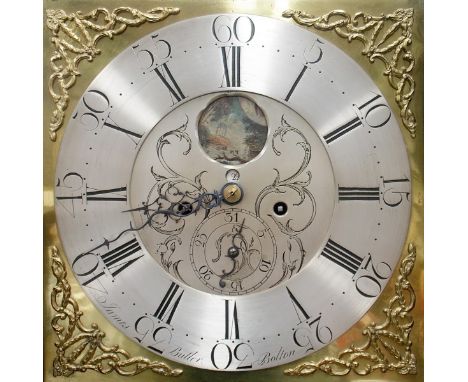 AMENDMENT - 8 DAY  NOT MONTH DURATION long case clock, the 13" square brass dial with foliate C scroll spandrells and silvere