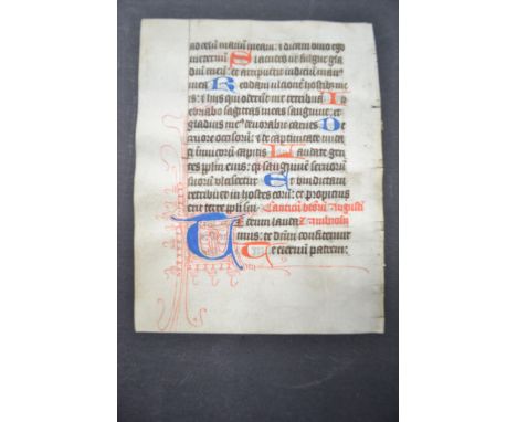 Late medieval illuminated double sided manuscript on vellum embellished in red and blue, possibly 15th Century, 5" x 4".