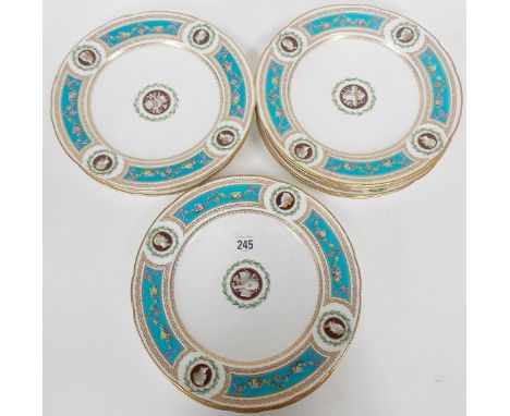 Set of eight 19th Century Minton porcelain dessert plates, decorated with bands of classical portrait medallions and floral s