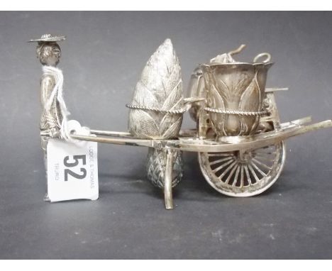 Chinese export silver three piece cruet, modelled as a man pulling a cart, makers mark CF and Chinese character seal mark.