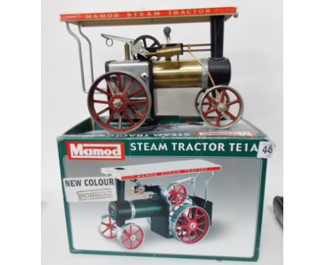 Mamod live steam tractor model TE1A in brown/gold, boxed.