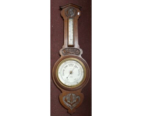 Early 20th Century oak aneroid thermometer banjo barometer, the silvered dial signed J Place, 43 Bull Street, Birmingham.