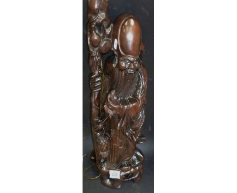 20th Century Chinese carved root lamp base in the form of Shou Lao, height of lamp 21".