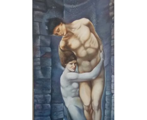 AFTER EDWARD COLEY BURNE-JONES Two figures in water Print and oil on canvas 55.5" x 19.5"