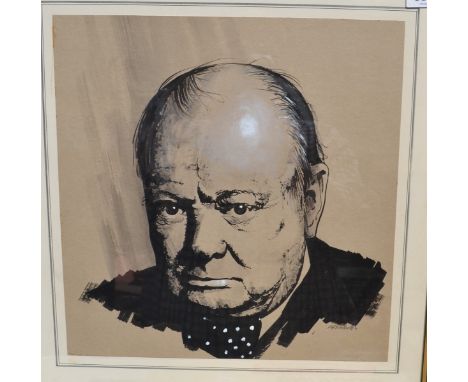 Ink and body colour sketch of Winston Churchill signed M.R. Nicholls, 13" x 12.5".