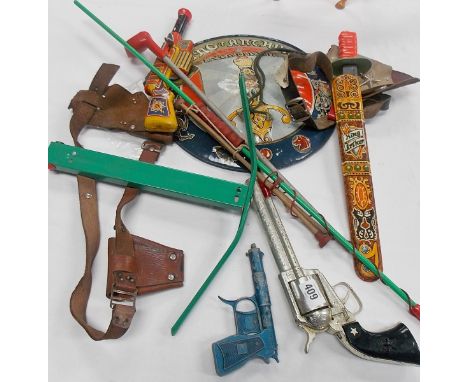 Tin plate litho printed King Arthur Excalliber shield and sheath by MAR, tin plate machine gun, spud gun etc.