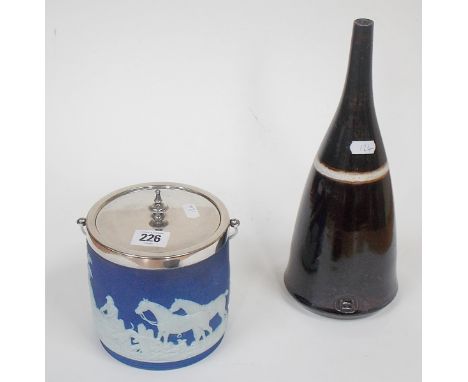 Wedgwood silver plate mounted swing handled jasperware biscuit barrel, relief decorated with a fox hunting scene, together wi