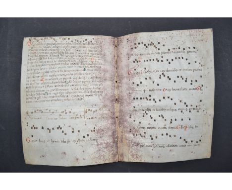 Medieval manuscript two leaves written in Latin and with music on three sides, embellished in red, blue and green ink, 9.75" 