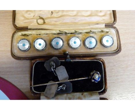 A set of six mother of pearl and silver buttons, with turquoise detail, cased, together with two stick pins and a pair of sil