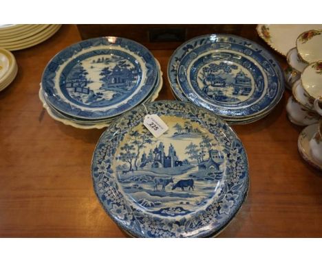 Eleven 18th Century and later ceramic and pearl ware blue and white plates,
various scenes including cattle, elephant in land
