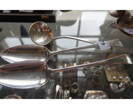 A pair of Georgian hallmarked silver tablespoons together with a Georgian silver soup ladle.