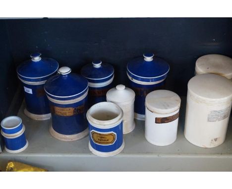 Ten various chemist pharmacy ceramic jars, comprising six blue and white examples, one example with glass label 'Ung: Resin/e
