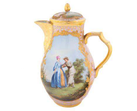 with rocaille-scroll handle, painted overall with gilt foliate ornaments against a pale cool pink ground, either side featuri