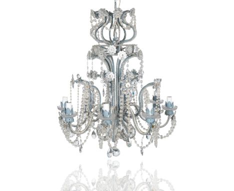 eight light chandelier with faceted drops and strings of crystals, with conforming drip trays, with additional cut rosettes a