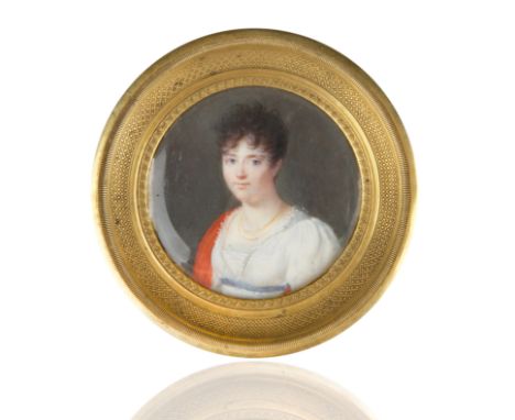 circular painted portrait on card of young Josephine dressed in a lace trimmed gown, red cape and gold accessories gazing con