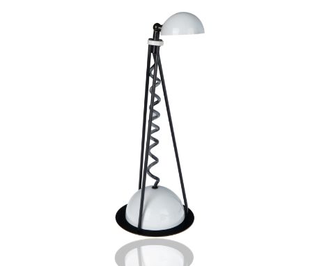 made from white painted enameled metal and plastic, raised on a tripod standard with a gray curly cord, apparently unmarked;h