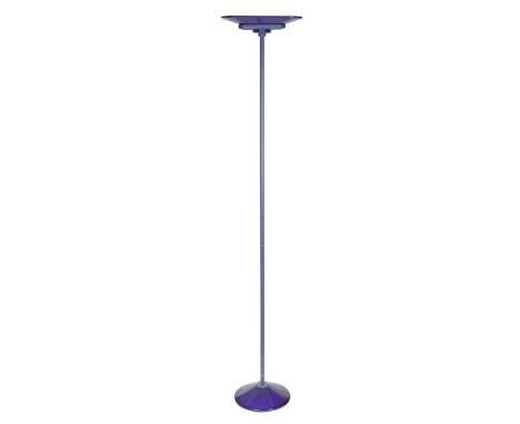 a single up-light floor lamp, with a cone formed base, steel bar with slim glass shade, manufacture label underside of base; 