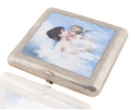 squared, with rounded corners, the cover enamelled with Cupid kissing Psyche, surrounded by clouds, with silver pushpiece, th