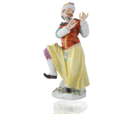 on a mound moulded base with applied foliage and flowers, in dancing position with his palms upwards and one leg up, dressed 