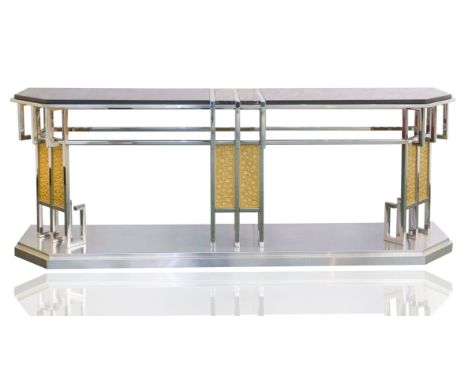 rectangular, chrome body with stepped chrome base with sleek lines, the center of the top accented with stone, sideboard top 