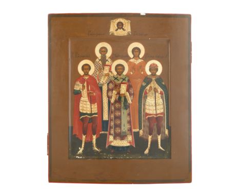 depicting the saints John the Warrior, Emilian, John Chrysostom, Alexandra and Alexander Nevsky, egg tempera and gesso on woo
