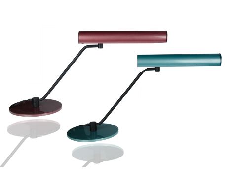 each with a flat rounded base, one of a sea green the other a mauve pink enamel, with adjustable arms and cylindrical shades,