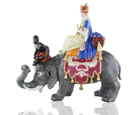 modelled after Peter Reinicke and J.J. Kaendler, seated on a caparison elephant, marked with factory mark in blue underglaze,
