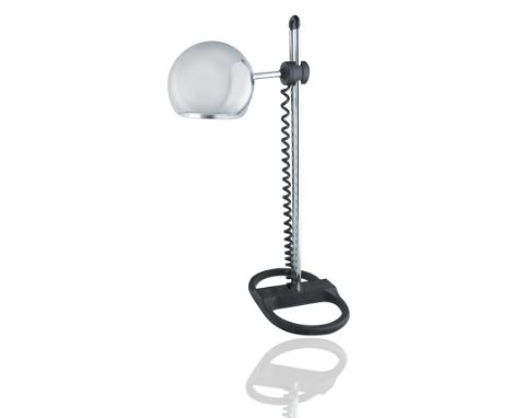 heavy black painted metal base, with a chrome rod extending from the base the chrome 'eyeball' held by a ornamental screw con