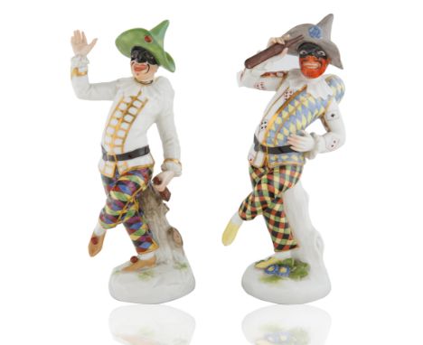 modelled after Peter Reinicke and J.J. Kaendler and based on Italian Commedia dell'Arte 'Pulcinella Figure', each on a mound 