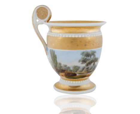 a gilt-edged and white ground porcelain tea cup, with a single handle with a impressed lions face on the verso and recto of t