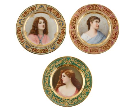 cavetto of each decorated with a gilt foliate and floral trellis cartouches and vignettes, all featuring a young beauty in pr
