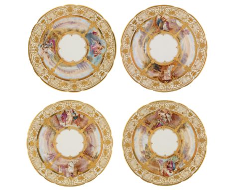 comprising of four porcelain plates, each featuring a different scene from an famous operas, the cavetto of each with gilt-ed