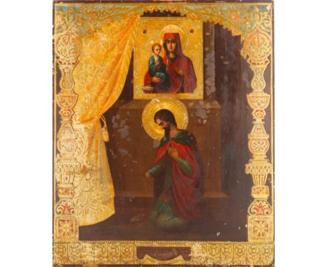 depicting John of Damascus before the Mother of God Troeruchitsa [three-handed] icon at the church altar, with strapwork-deco