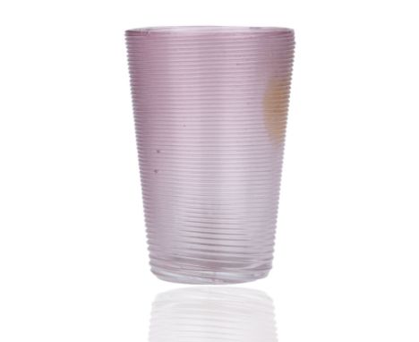of tapered cylindrical form, in light lilac-tone glass with horizontal ridges, with old Russian inventory label to the unders