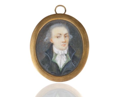 framed under glass in a red leather square case, hand-painted miniature profile of a poised victorian French gentleman dresse