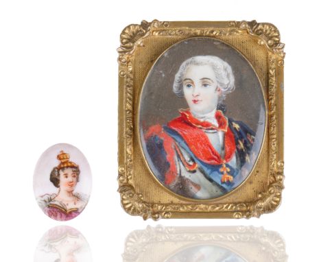 comprising a pair of hand-painted miniatures:a) a queen, seated against a mauve ground, dressed in regalia with a gold crown;