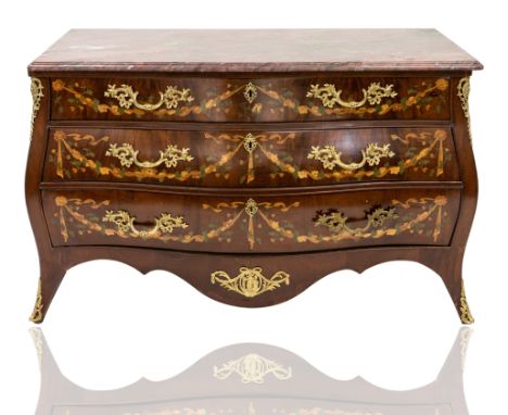 of bombe form, with red granite top; overall dimensions: 83.5 (h) x 133 (w) x 67 (d) cm (32 7/8 x 52 3/8 x 26 3/8 in.)CONDITI