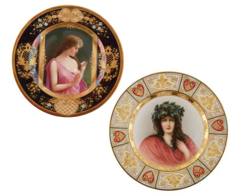 cavetto of each decorated with a gilt foliate and floral trellis cartouches, centered each with a portrait of young beauty, o
