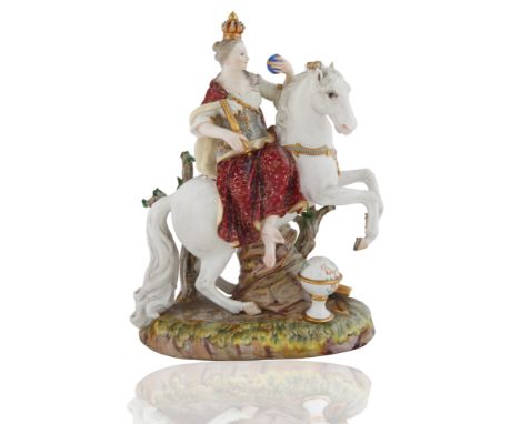 on an oval moulded base with greenery and naturalistic detailing, Europa sitting side saddle atop a caparison white horse, Eu