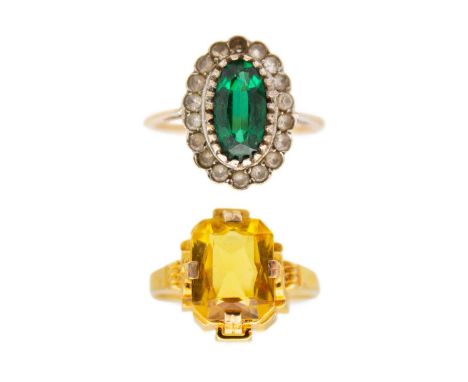 A 9ct gold green synthetic spinel and white stone cluster ring and another 10ct paste set ring. The green spinel ring hallmar