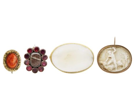 Four 19th-century, gold-mounted, brooches. One set with a shell cameo depicting a hunter killing a goat, width 24mm; one set 