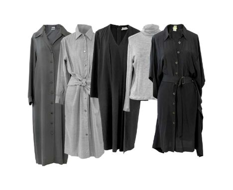 Four Hermès dresses and a silk Hermès roll neck top. A black 100% wool dress with an integrated jacket in a size 42, a 93% si