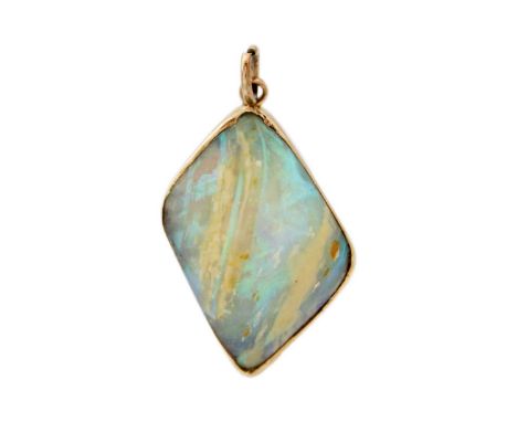 A gold-mounted boulder opal pendant. Showing greens, blues and a small amount of orange, length including bale 35mm, 5.7g.