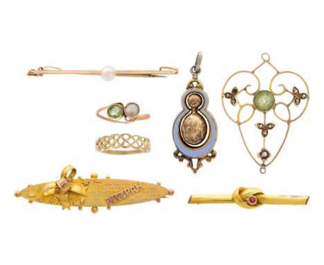 A selection of gold jewels. To include a Victorian MIZPAH brooch, hallmarked Birmingham 1901, base metal pin; a Victorian blu