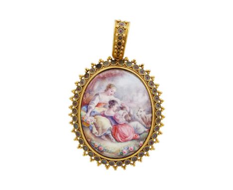 A 19th-century gold and cloisonne enamel pendant, in the manner of Castellani. The frame and bale with circular wire roundals