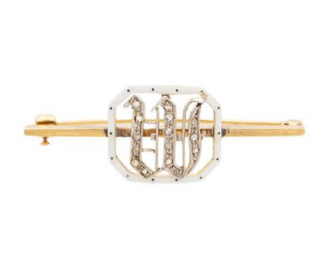 An early 20th century gold, white and black enamel diamond set 'M' letter bar brooch. The letter 'M' millegrain set with 15 s
