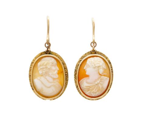 A high purity gold (tests 14ct mount portrait shell cameos earring fitted on 9k gold (tested) hooks The shell mounts are 2.9c