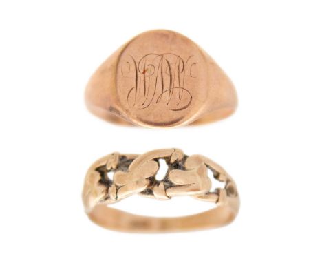 Two 9ct hallmarked gold rings. One is a scroll and pierced rose gold ring, hallmarked Chester 1901, size P, 3.2g; the other i