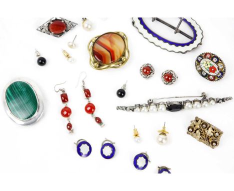 A collection of silver buckle, earrings and brooches A silver and guilloche enamel belt buckle and button set by Levy &amp; S